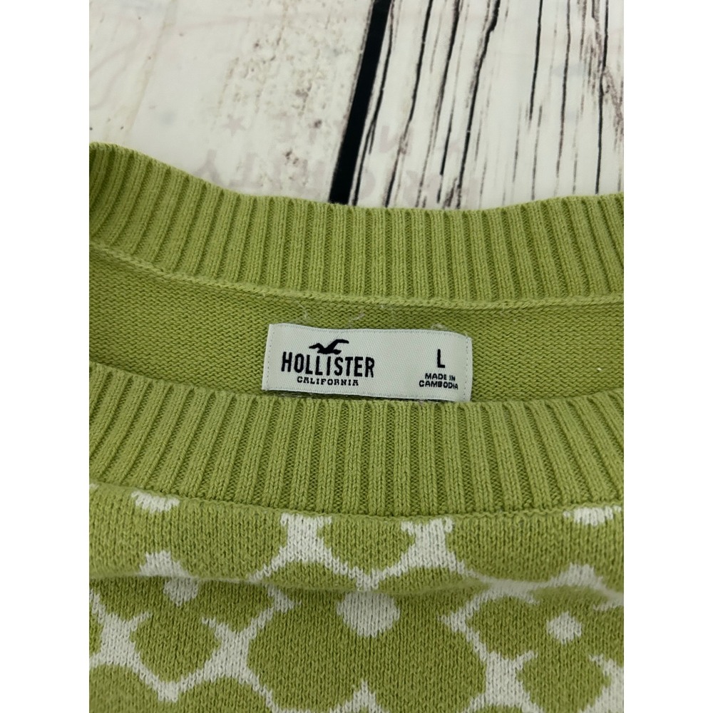 Hollister Green Floral Geometric Cropped Knit Sweater Womens Large 100% Cotton - Picture 3 of 7